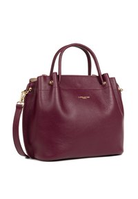Borsa a mano in pelle bordeaux con una texture a granulato, hardware color oro, manici superiori doppi e una tracolla removibile.