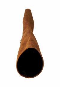 Knee-high bruine suède laars met een spitse neus en een soepele textuur. Heeft een gouden accent rits aan de zijkant.