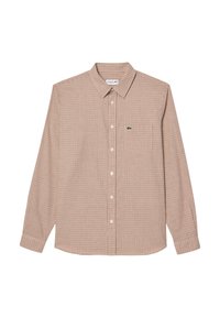 Camisa de cuadros de manga larga en marrón y blanco, con cuello abotonado, bolsillo frontal y logo de Lacoste en verde.