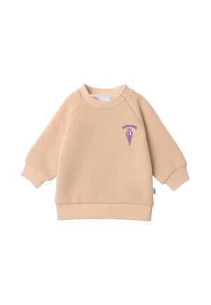 Beige long-sleeve toddler sweatshirt with ribbed cuffs and hem, featuring a small purple cone graphic and the word "Schulkind" on the chest.