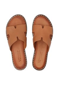 Brown leather sandals with an open-toe design and cut-out detail. Features a padded insole and studded trim along the sole's edge.
