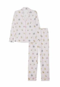 Set de pijamale din bumbac, cu un model în dungi roz deschis și ilustrații cu animale. Include o bluză cu nasturi și pantaloni asortați cu talie elastică.