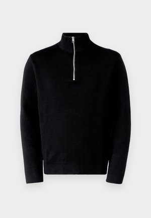 Černý svetr s vysokým límcem a polozipem. Vyroben z ribbed látky, má dlouhé rukávy a hladký povrch.