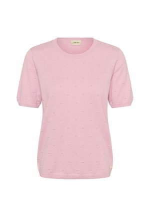 Haut en maille rose à manches courtes avec encolure ronde et petit motif en relief de points sur tout le tissu.