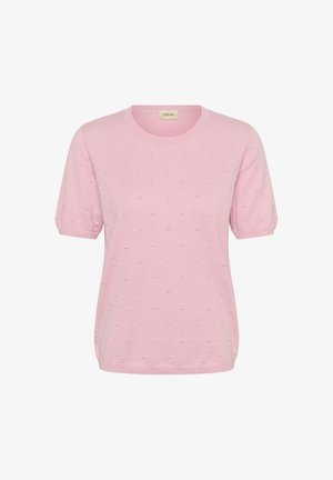 Roosa lühikeste varrukatega silmuskootusega torge, ümar kaelus ja kogu kangas on kaetud väikese kõrgendatud täppide tekstuurimustriga.