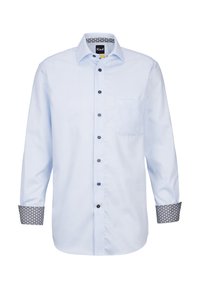 Camicia azzurro chiaro a maniche lunghe con una piccola tasca, dettagli scuri dei bottoni e polsini scuri a fantasia. Realizzata in tessuto morbido con un design colletto.