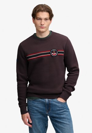 Ung mand iført en mørk sweatshirt med røde og sorte striber og et cirkulært logo, kombineret med blå jeans og en grøn skjorte under.