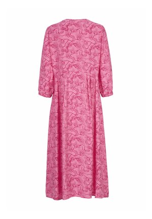 Vaaleanpunainen midimekko, jossa on kolme neljänneksen mittaiset hihat, joustavat hihansuut ja punainen kukkakuvioinen viivakuvio. Mekko on kuvattu takaa valkoisella taustalla.