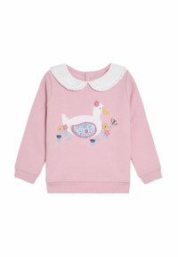 Roze sweatshirt met lange mouwen, een witte geplooide kraag, en een geborduurde eend omringd door bloemen en een bij aan de voorkant.