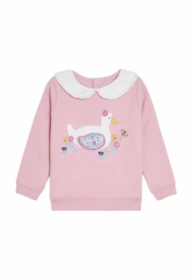 Roze sweatshirt met lange mouwen, een witte geplooide kraag, en een geborduurde eend omringd door bloemen en een bij aan de voorkant.