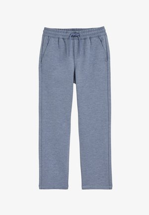 Pantaloni de trening, albastru deschis, din amestec de bumbac, cu talie elastică și șnur de ajustare. Au două buzunare laterale și croială cu picioare drepte.