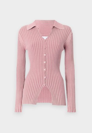 Long-sleeve, ribbed cardigan in light pink, featuring a collared neckline, v-neck, and five button closure with a distinctive split hem.