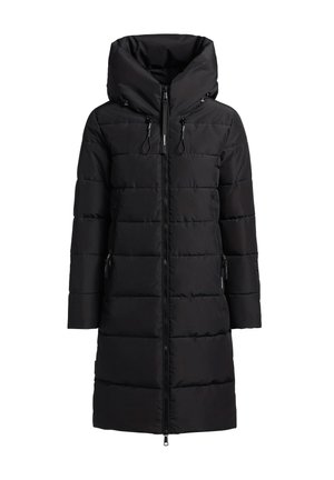 Must must coat kõrge kraega, täispikk zipper ja kahe külje taskuga. Omab õmmeldud paneeli disaini ja reguleeritavaid kapuutsi tõmblukkusid.