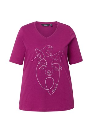 Maglietta viola a maniche corte con scollo a V, con un disegno a linea continua di un volto di volpe sorridente e un uccello sulla sua testa, in bianco.