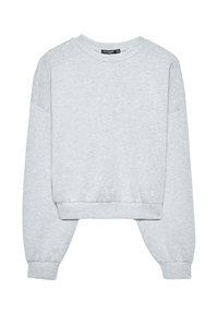 Graues kurz geschnittenes Sweatshirt mit langen Ärmeln, rundem Ausschnitt und gerippten Bündchen. Weicher Stoff mit subtiler Textur, entworfen für Komfort.