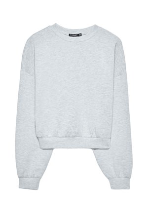 Siva skrajšana majica z dolgimi rokavi, okroglim izrezom in rebrastimi manšetami. Mehka tkanina z nežno teksturo, zasnovana za udobje.