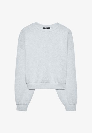 Felpa grigia corta con maniche lunghe, scollo rotondo e polsini a costine. Tessuto morbido con una texture sottile, progettato per il comfort.