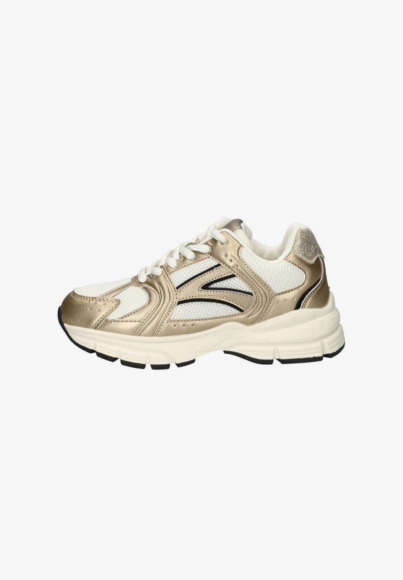 Gouden en witte sport sneaker met een bovenwerk van mesh en synthetisch leer, zwarte accenten, een gevo padded zool en een versterkte hiel.