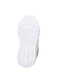 Suela de zapato con una suela de goma blanca, que presenta patrones de agarre texturizados. La parte superior es de un marrón claro con detalles en azul verdoso.