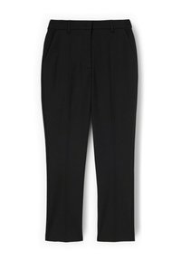 Zwarte op maat gemaakte broek met ceintuurlussen, zijzakken en een vouw aan de voorkant van elk been, plat weergegeven op een witte achtergrond.