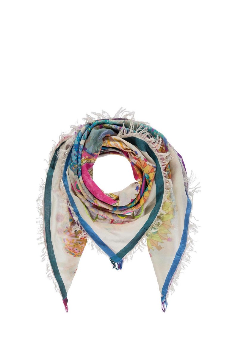 Lekki, wielokolorowy szalik z kwiatowymi i geometrycznymi wzorami, z frędzlami i tealową krawędzią. Miękka, półprzezroczysta tkanina.