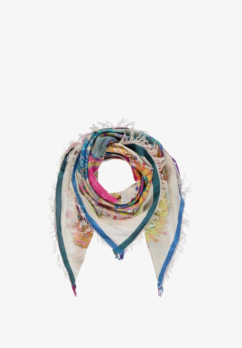Lekki, wielokolorowy szalik z kwiatowymi i geometrycznymi wzorami, z frędzlami i tealową krawędzią. Miękka, półprzezroczysta tkanina.