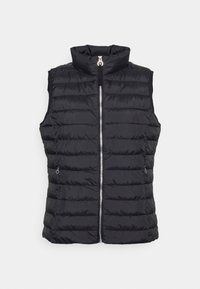 Czarna bezrękawnik z ocieplenia, z wysokim kołnierzem, poziomym pikowaniem, zapięciem na zamek z przodu oraz małymi kieszeniami po bokach.