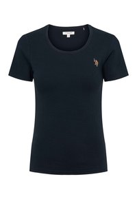 Laivastonsininen ribbineulottu lyhythihainen t-paita, jossa on pyöreä pääntie ja pieni kirjailtu logo rinnassa. Valmistettu pehmeästä, joustavasta kankaasta.