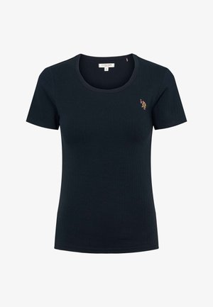 Temno modra rebrasta majica s kratkimi rokavi, okrolim izrezom in majhnim vezenim logotipom na prsih. Iz mehke, raztegljive tkanine.