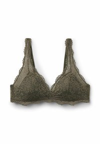 Reggiseno in pizzo verde oliva con motivo floreale, coppe a triangolo e bordi smerlati sulle spalline e sulla fascia, mostrato su uno sfondo bianco.