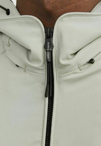 Light green jacket with a hood, featuring a black zip closure and adjustable drawstrings. Smooth fabric and minimal seams.