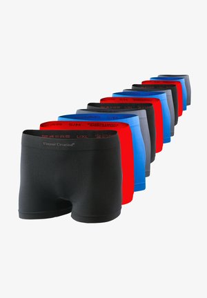 Boxer shorts in black, blue, red, grey. Made of 92% polyamide and 8% elastane. Different sizes labeled on waistbands. Soft texture.