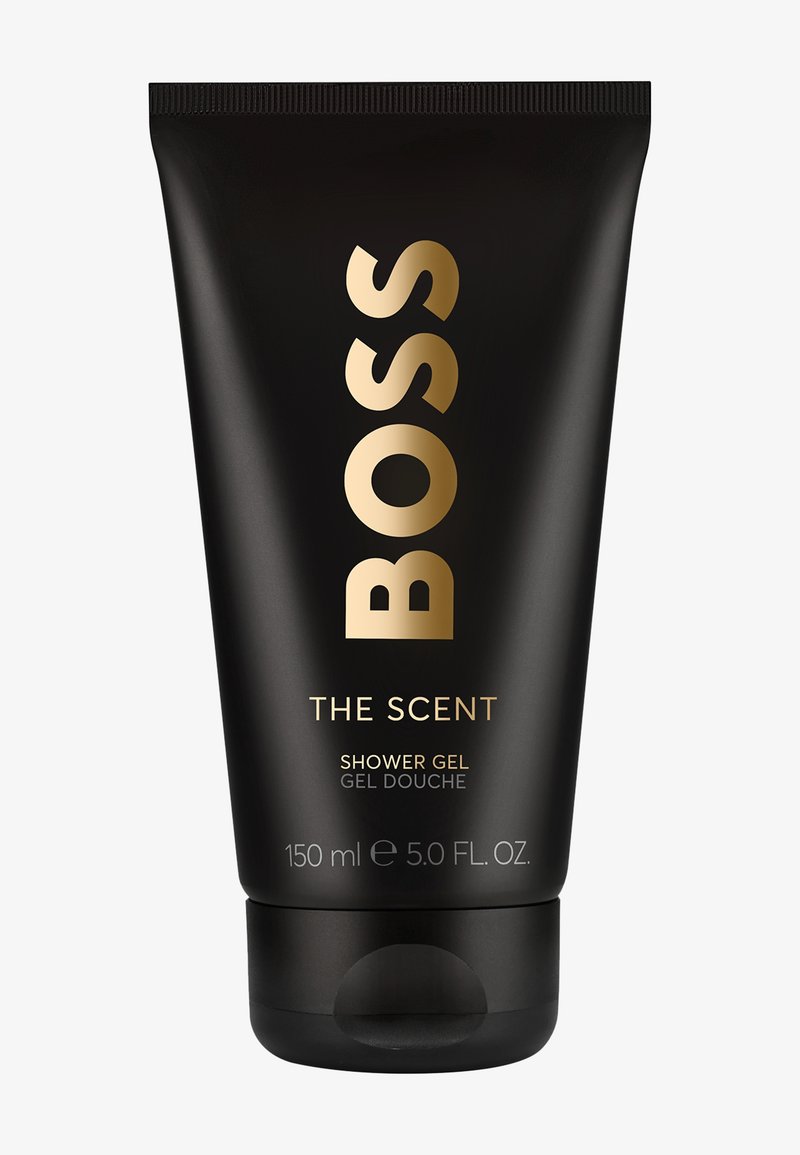 Tubetto nero di gel doccia BOSS The Scent, 150 ml, con testo oro e bianco e tappo a scatto.