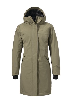 Olivgrüne wasserdichte Parka mit Kapuze, Reißverschluss und Druckknopfverschluss, Seitentaschen und schwarzem Innenfutter; mit angepassten Bündchen und Logodetail.