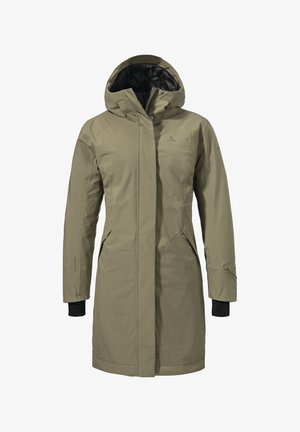 Olivgrüne wasserdichte Parka mit Kapuze, Reißverschluss und Druckknopfverschluss, Seitentaschen und schwarzem Innenfutter; mit angepassten Bündchen und Logodetail.