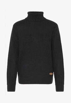 Fekete, magas nyakú, kötött pulóver bordás mandzsettával és alsó szegéllyel. Lazább szövésű textúrával rendelkezik, és egy apró logó díszíti a bal alsó részen.