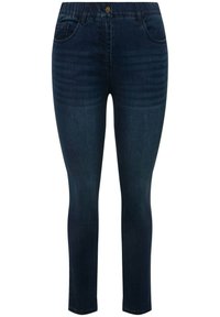 Tmavě modré skinny džíny vyrobené z denimu, s dvěma předními kapsami, zapínáním na knoflík a hladkým povrchem s jemným vyblednutím.