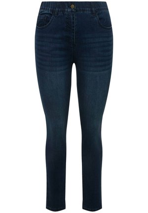 Jeans skinny blu scuro in denim, con due tasche frontali, chiusura con bottone e una texture liscia con leggeri sbiadimenti.