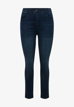 Ciemnoniebieskie dżinsy typu skinny wykonane z denimu, posiadające dwie przednie kieszenie, zapięcie na guzik oraz gładką teksturę z delikatnym wyblądnięciem.