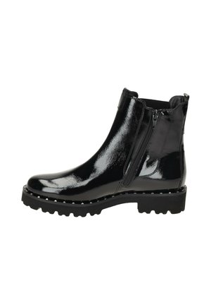Black patent leather ankle boot with two side zippers, a rounded toe, textured sole with traction, and contrasting white stitching detail.