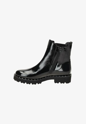 Bottines en cuir verni noir avec deux zips latéraux, un bout rond, une semelle texturée avec traction, et des détails de couture blanche contrastante.