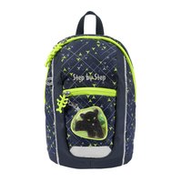 Navy blue backpack with neon green accents, diamond patterns, and a frontal pocket featuring a black panther patch. Zippered closures.