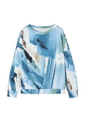 Suéter de corte holgado, confeccionado en tejido suave, con un patrón abstracto de acuarela en tonos azules y verdes, con mangas largas.