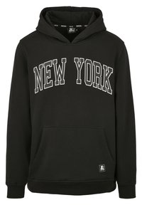 Černá mikina vyrobená z bavlny, s přední klokaní kapsou. "NEW YORK" tištěno tučnými bílými písmeny přes hruď.