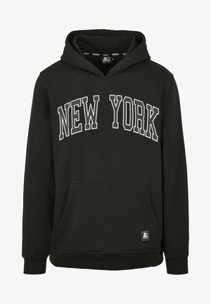 Must värviline puuvillane kapuutsiga jakke, millel on ees suur tasku. Rinnal on trükitud paksude valgete tähtedega "NEW YORK".