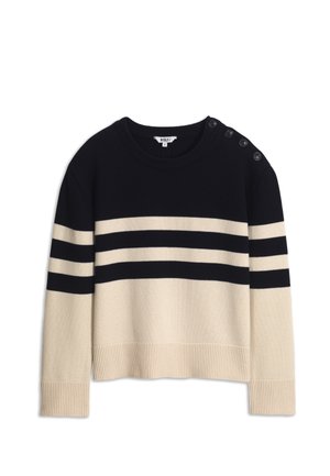 Pull à manches longues rayé noir et beige avec un col rond et quatre boutons sur l'épaule gauche.