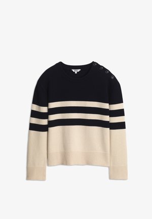 Pull à manches longues rayé noir et beige avec un col rond et quatre boutons sur l'épaule gauche.