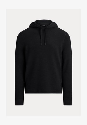 Sweat à capuche noir à manches longues, texture côtelée, cordons ajustables et coupe décontractée. Design simple sans logos visibles.