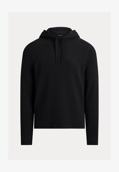 Sort hettegenser med hette, lange ermer, ribbet tekstur, justerbare snorer og en avslappet passform. Enkel design uten synlige logoer.