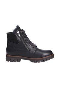 Schwarze Knöchelstiefel aus glattem Leder mit schnürbarem Vorderteil, seitlichem Reißverschluss und einem strukturierten Stoffakzent. Grobe Gummisohle mit Profil.